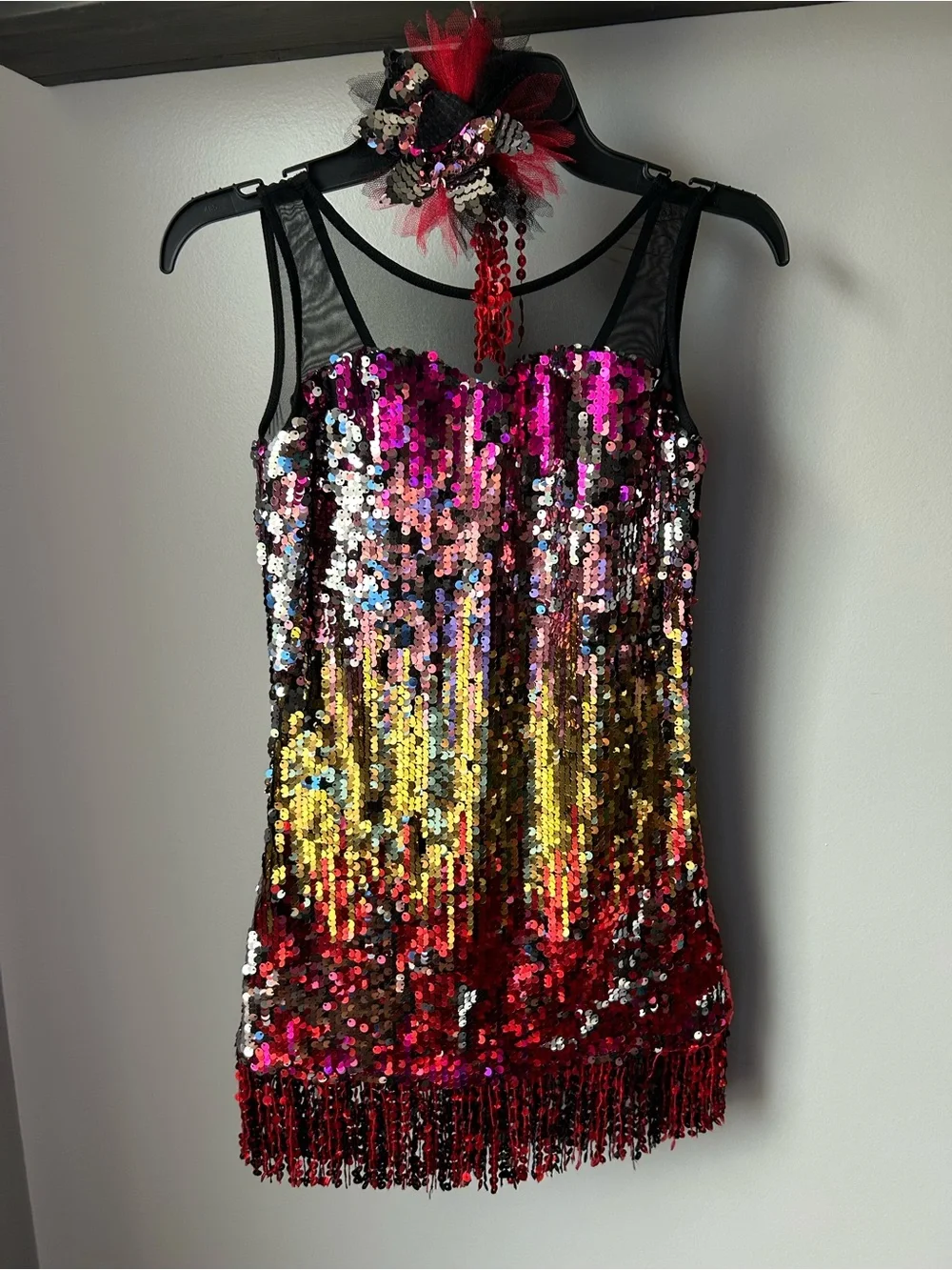 Curtain Call Dance costumeMulticolor Sequin Fringe Mini Dress - Pink, Gold & Red